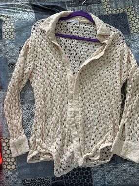 MNG Light Cream Crochet Button-Up